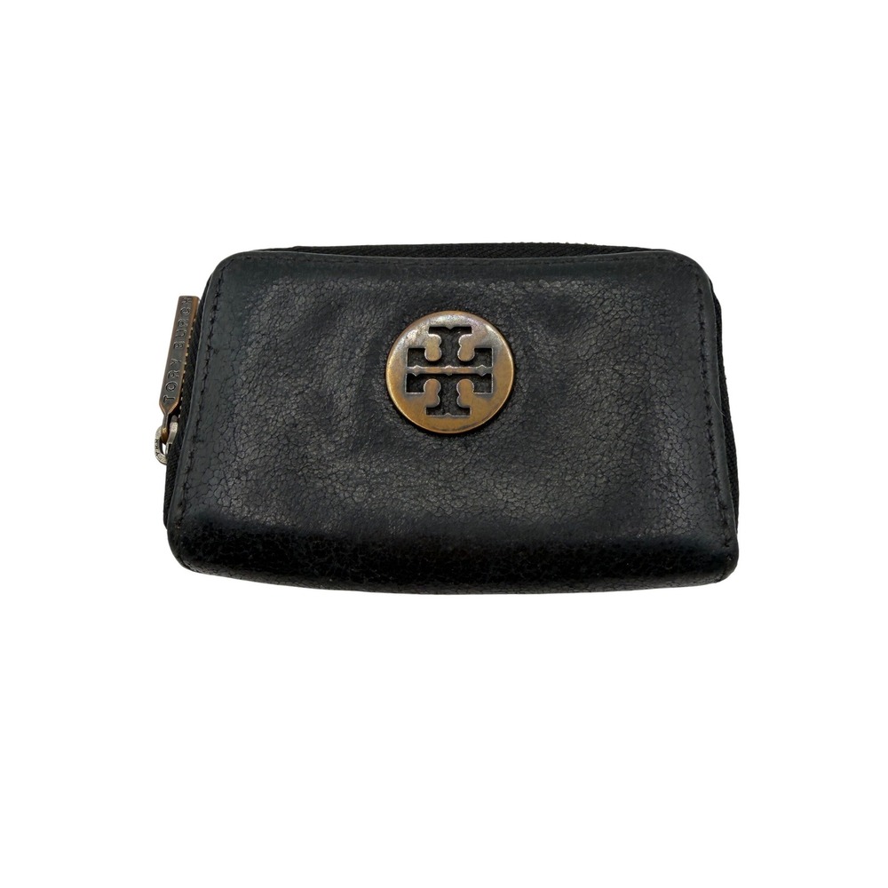 Tory Burch Black Pebbled Leather Zip Around Coin Purse Wallet Logo Medallion